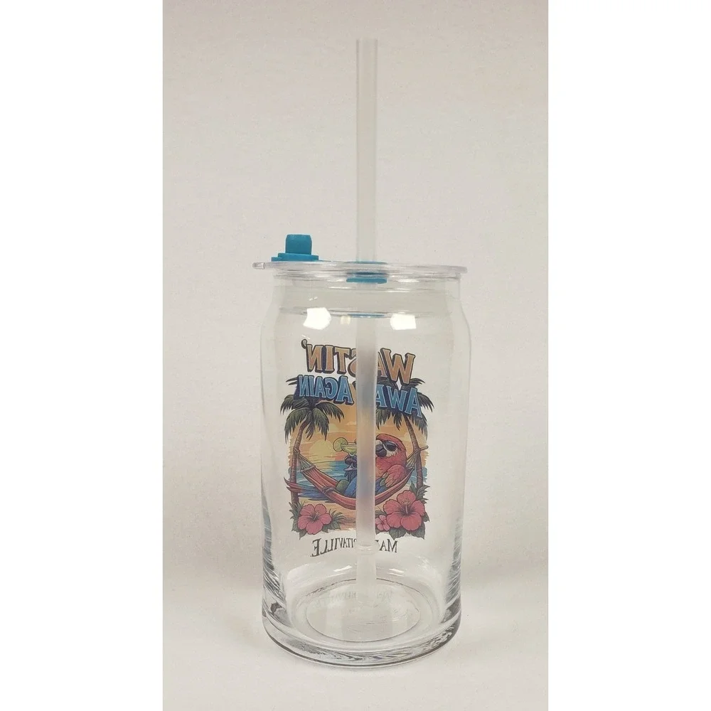 Margaritaville Sipper Glass Cup Wastin Away Again 16oz with Lids & Straws NEW
